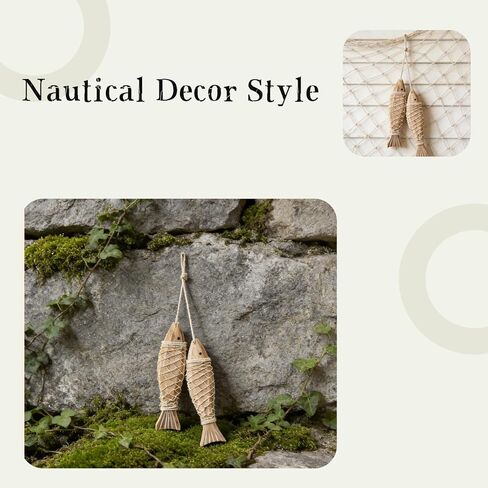 HPZIHYNAP شبكة صيد خشبية لديكور الأسماك الخشبية مع اثنين من زخارف الأسماك الصغيرة على الطراز البحري، على شكل سمكة، ديكور لموضوع الصيد، لمسة فنية جدارية لمنزل البحيرة in Kuwait