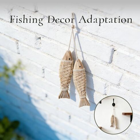 HPZIHYNAP شبكة صيد خشبية لديكور الأسماك الخشبية مع اثنين من زخارف الأسماك الصغيرة على الطراز البحري، على شكل سمكة، ديكور لموضوع الصيد، لمسة فنية جدارية لمنزل البحيرة in Kuwait