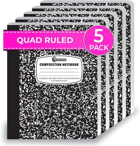 Rosmonde Graph Paper Composition Notebook, 5 Pack, 200 Pages (100 Sheets), Quad Ruled Composition Notebook, Graph Notebooks, 4x4 Grid Composition Notebook, Black Marble, Sewn Hard Cover, 9-3/4 x 7-1/2 in Saudi Arabia