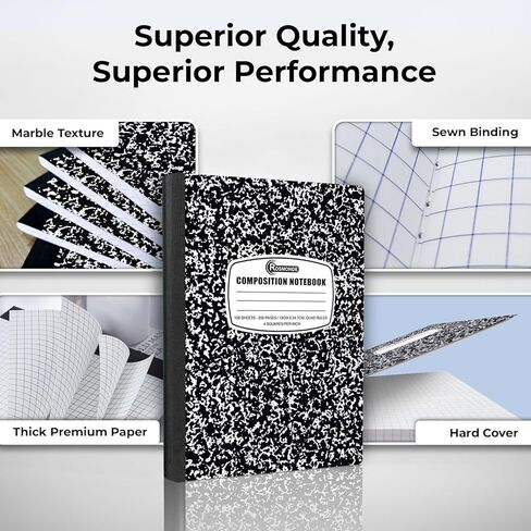 Rosmonde Graph Paper Composition Notebook, 5 Pack, 200 Pages (100 Sheets), Quad Ruled Composition Notebook, Graph Notebooks, 4x4 Grid Composition Notebook, Black Marble, Sewn Hard Cover, 9-3/4 x 7-1/2 in Saudi Arabia