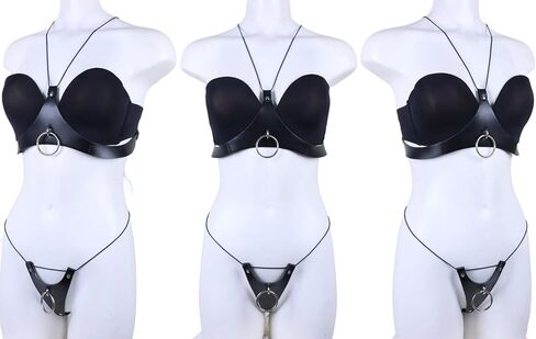 Women Sexy Leather Lingerie Set with O Ring, Body Harness Belt Gothic Punk Adjustable Bra Thong Panty Underwear Set for Ladies, BDSM SM Cosplay Costume Clubwear Masquerade Party Accessories in Kuwait