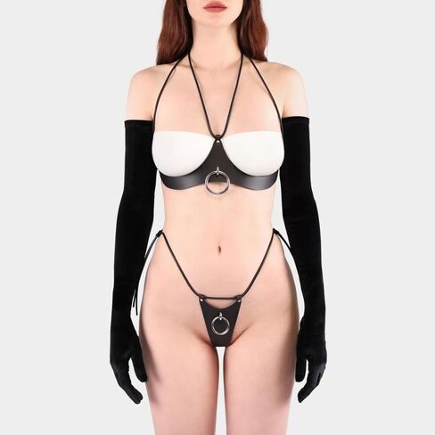 Women Sexy Leather Lingerie Set with O Ring, Body Harness Belt Gothic Punk Adjustable Bra Thong Panty Underwear Set for Ladies, BDSM SM Cosplay Costume Clubwear Masquerade Party Accessories in Kuwait