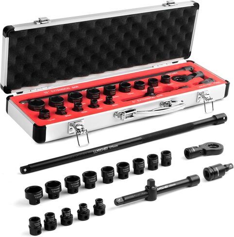 LLNDEI 3/8" Nano Sockets, Drive Stubby Impact Socket Set, 19-Piece Long Flex Head Ratcheting Wrench Set Extension Bar(6"-15"), 6-19mm Metric Stubby Socket Set, Cr-Mo material in Kuwait