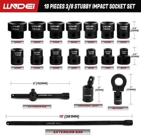 LLNDEI 3/8" Nano Sockets, Drive Stubby Impact Socket Set, 19-Piece Long Flex Head Ratcheting Wrench Set Extension Bar(6"-15"), 6-19mm Metric Stubby Socket Set, Cr-Mo material in Kuwait