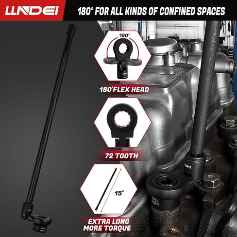 LLNDEI 3/8" Nano Sockets, Drive Stubby Impact Socket Set, 19-Piece Long Flex Head Ratcheting Wrench Set Extension Bar(6"-15"), 6-19mm Metric Stubby Socket Set, Cr-Mo material in Kuwait