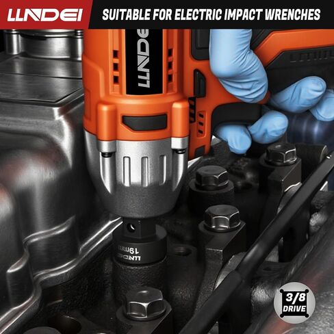 LLNDEI 3/8" Nano Sockets, Drive Stubby Impact Socket Set, 19-Piece Long Flex Head Ratcheting Wrench Set Extension Bar(6"-15"), 6-19mm Metric Stubby Socket Set, Cr-Mo material in Kuwait