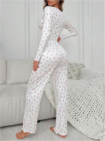 SHENHE Women's Floral Print Pajama Set V Neck Long Sleeve Sleepwear Ruffle Trim Loungewear in Saudi Arabia