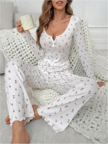 SHENHE Women's Floral Print Pajama Set V Neck Long Sleeve Sleepwear Ruffle Trim Loungewear in Saudi Arabia