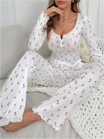 SHENHE Women's Floral Print Pajama Set V Neck Long Sleeve Sleepwear Ruffle Trim Loungewear in Saudi Arabia