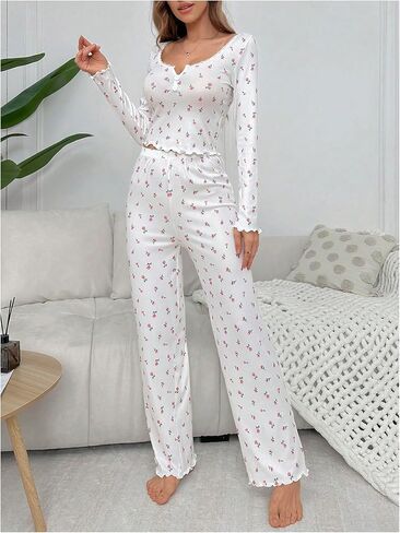 SHENHE Women's Floral Print Pajama Set V Neck Long Sleeve Sleepwear Ruffle Trim Loungewear in Saudi Arabia
