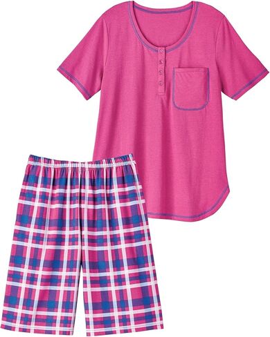 AmeriMark Women's Short Pajama Set Checkered Woven Pants & Short Sleeve PJ Top Tropical in Saudi Arabia