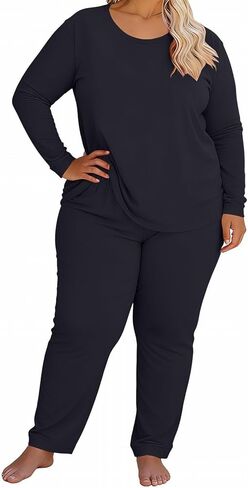 JOFOW Women's 2 Piece Pajamas Sets Plus Size Travel Sleepwear Fashion Wide Leg Pants Cozy Loungewear Sets in Saudi Arabia