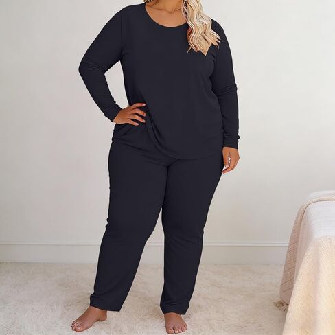 JOFOW Women's 2 Piece Pajamas Sets Plus Size Travel Sleepwear Fashion Wide Leg Pants Cozy Loungewear Sets in Saudi Arabia