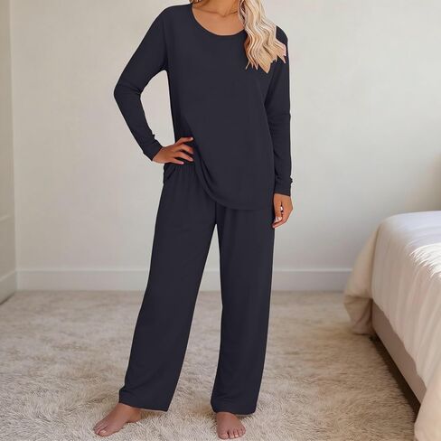 JOFOW Women's 2 Piece Pajamas Sets Plus Size Travel Sleepwear Fashion Wide Leg Pants Cozy Loungewear Sets in Saudi Arabia