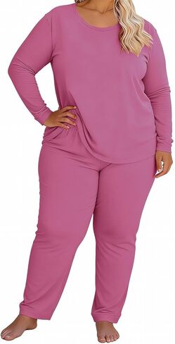 JOFOW Women's 2 Piece Pajamas Sets Plus Size Travel Sleepwear Fashion Wide Leg Pants Cozy Loungewear Sets in Saudi Arabia