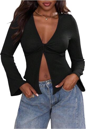 Women's Twist Front Deep V Neck Tops Y2k Bell Long Sleeve Going Out Club T Shirts in Saudi Arabia