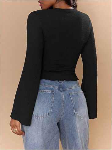 Women's Twist Front Deep V Neck Tops Y2k Bell Long Sleeve Going Out Club T Shirts in Saudi Arabia