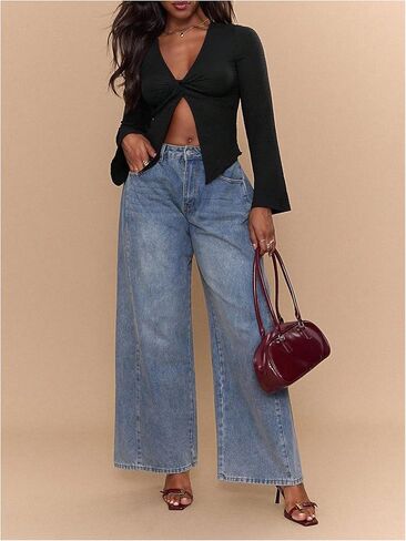 Women's Twist Front Deep V Neck Tops Y2k Bell Long Sleeve Going Out Club T Shirts in Saudi Arabia