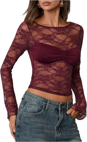 SHENHE Women's Sexy Lace Mesh Shirt Long Sleeve Sheer Top Going Out Night Out Club Tops in Saudi Arabia