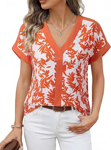 Furnex Womens Summer Tops V Neck Short Sleeve Blouses Dressy Casual Floral Boho Vacation Clothes in Kuwait