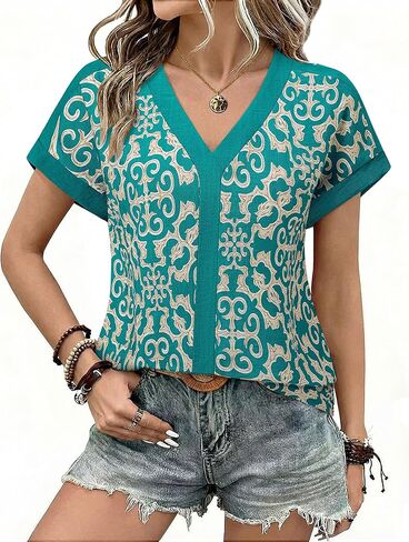 Furnex Womens Summer Tops V Neck Short Sleeve Blouses Dressy Casual Floral Boho Vacation Clothes in Saudi Arabia