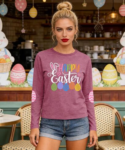 قمصان طويلة الأكمام لعيد الفصح للنساء: تي شيرت مطبوع عليه أرنب أرنب، بلوفر عيد الفصح السعيد in Kuwait