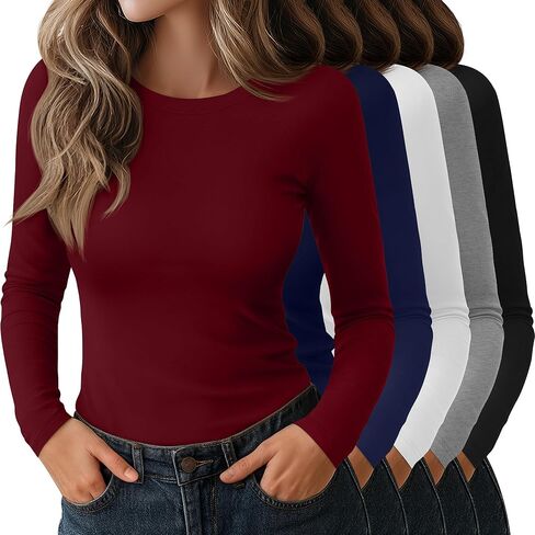 5 Pack Women's Long Sleeve Shirts Crew Neck Raglan Basic Tops Slim Fitted Undershirts Stretchy Layering Baselayer in Kuwait
