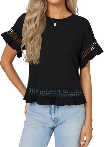Vrtige Women's Ruffled Hollow Out Short Sleeve Round Neck Casual Loose Blouses in Saudi Arabia