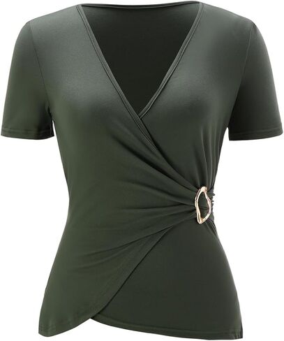Women's Elegant Wrap V Neck T Shirts Summer Ruched Short Sleeve Fitted Dressy Casual Tops in Saudi Arabia