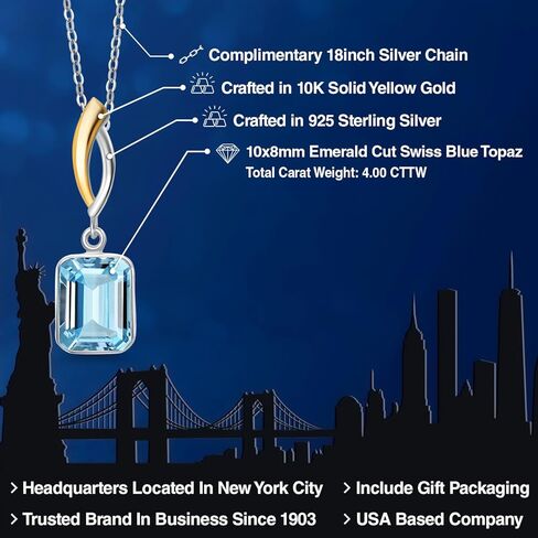 Gem Stone King 4.00 Cttw Swiss Blue Topaz Pendant Necklace for Women | 925 Silver and 10K Yellow Gold | Gemstone November Birthstone | Emerald Cut 10X8MM | With 18 Inch Silver Chain in Saudi Arabia