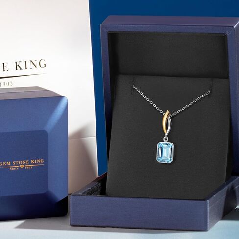 Gem Stone King 4.00 Cttw Swiss Blue Topaz Pendant Necklace for Women | 925 Silver and 10K Yellow Gold | Gemstone November Birthstone | Emerald Cut 10X8MM | With 18 Inch Silver Chain in Saudi Arabia