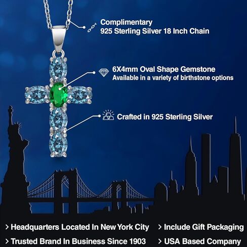 Gem Stone King 925 Sterling Silver Persian Blue Moissanite and Green Nano Emerald Cross Pendant Necklace for Women | 2.65 Cttw | Gemstone Birthstone | Oval 6X4MM | With 18 Inch Chain in Saudi Arabia