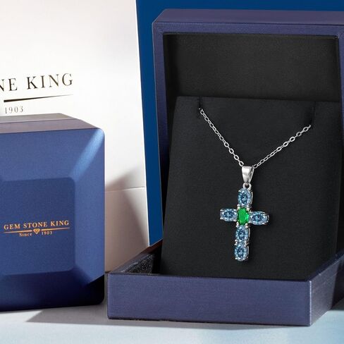 Gem Stone King 925 Sterling Silver Persian Blue Moissanite and Green Nano Emerald Cross Pendant Necklace for Women | 2.65 Cttw | Gemstone Birthstone | Oval 6X4MM | With 18 Inch Chain in Saudi Arabia