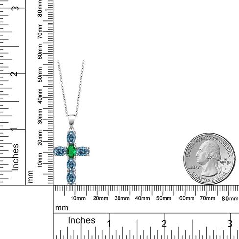 Gem Stone King 925 Sterling Silver Persian Blue Moissanite and Green Nano Emerald Cross Pendant Necklace for Women | 2.65 Cttw | Gemstone Birthstone | Oval 6X4MM | With 18 Inch Chain in Saudi Arabia