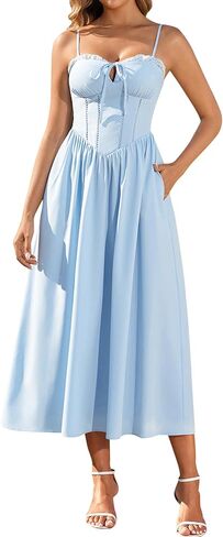 EYNMIN Floral Corset Midi Summer Wedding Guest Dress Lace Up Spaghetti Strap Flowy Dresses for Women Sundress with Pockets in Kuwait