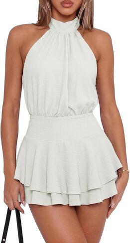 Women Summer Cocktail Dresses Sexy Tie Halter Neck Sleeveless Open Back Double-Layer Party Mini Dress in Saudi Arabia