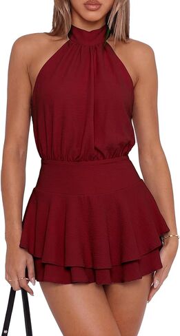 Women Summer Cocktail Dresses Sexy Tie Halter Neck Sleeveless Open Back Double-Layer Party Mini Dress in Saudi Arabia