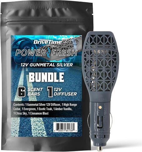 حزمة معطر هواء السيارة Power Fresh 12 فولت من Drive Time - موزع روائح + 6 ألواح رائحة تدوم طويلاً (تصل إلى 30 يومًا لكل منها) - معطر سيارات قابل لإعادة التعبئة من أجل تصميم داخلي نظيف ومنعش للسيارة - فضي in Kuwait
