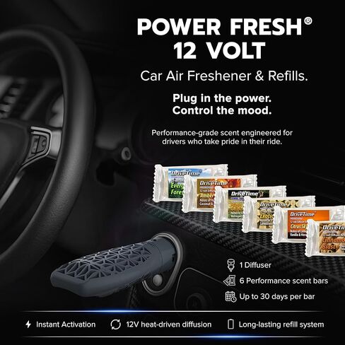 حزمة معطر هواء السيارة Power Fresh 12 فولت من Drive Time - موزع روائح + 6 ألواح رائحة تدوم طويلاً (تصل إلى 30 يومًا لكل منها) - معطر سيارات قابل لإعادة التعبئة من أجل تصميم داخلي نظيف ومنعش للسيارة - فضي in Saudi Arabia