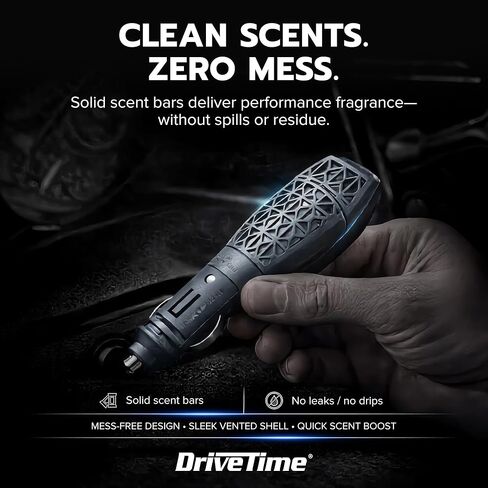 حزمة معطر هواء السيارة Power Fresh 12 فولت من Drive Time - موزع روائح + 6 ألواح رائحة تدوم طويلاً (تصل إلى 30 يومًا لكل منها) - معطر سيارات قابل لإعادة التعبئة من أجل تصميم داخلي نظيف ومنعش للسيارة - فضي in Kuwait