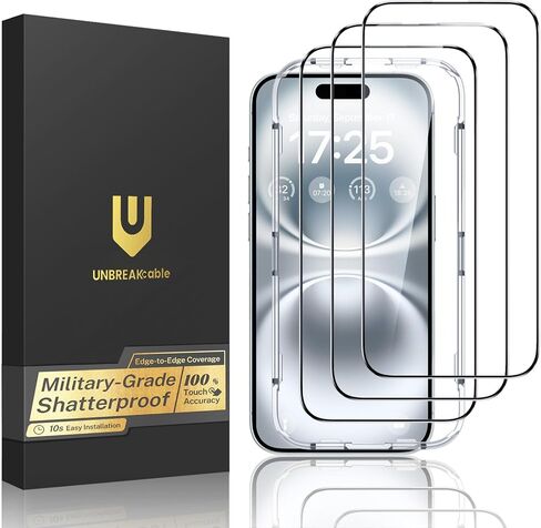 UNBREAKcable Screen Protector for iPhone 16 Plus/15 Plus [3-Pack] Full Coverage Double Shatterproof Tempered Glass [Installation Frame] [9H Hardness] [99.99% HD Clear] [Bubble Free] for iPhone 6.7" in Kuwait