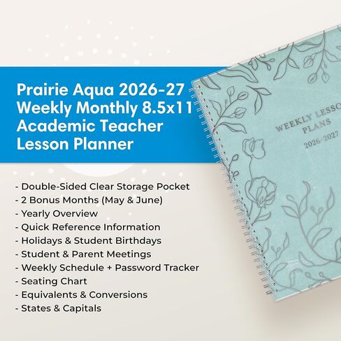 Blue Sky 2026-2027 Weekly and Monthly Academic Year Teacher Lesson Planner Calendar, July 2026 - June 2027, 8.5" x 11", Flexible Cover, Wirebound, Laminated Tabs, Storage Pocket, Prairie Aqua in Saudi Arabia