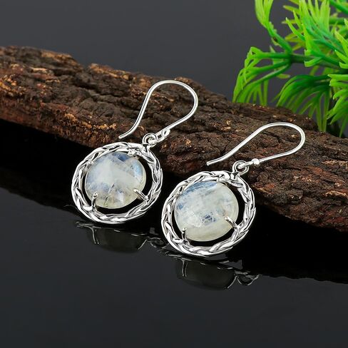 أقراط بإطار من الفضة الإسترلينية عيار 925، أقراط متدلية من حجر القمر الطبيعي بألوان قوس قزح، أحجار كريستال علاجية، مجوهرات مصنوعة يدويًا، هدية عيد ميلاد بسيطة للنساء in Kuwait