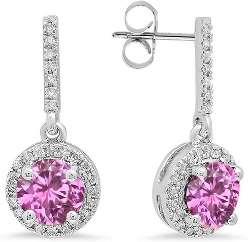 Dazzlingrock Collection 6mm Each Round Lab Created Gemstone & Round Natural Diamond Women Halo Drop Earrings, 14K White Real Solid Gold in Saudi Arabia