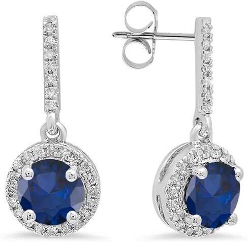 Dazzlingrock Collection 6mm Each Round Lab Created Gemstone & Round Natural Diamond Women Halo Drop Earrings, 14K White Real Solid Gold in Saudi Arabia