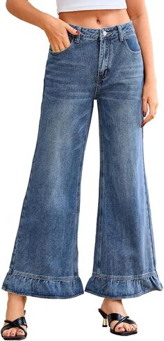 Women's Ruffle Flare Jeans High Rise Wide Leg Bell Bottom Demin Pants in Saudi Arabia