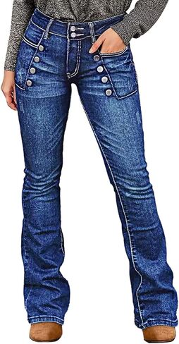 Flamingals Bootcut Mid Waist Wash Sailor Button Jeans for Women Trendy Stretch Denim Pants with Patch Pocket in Saudi Arabia