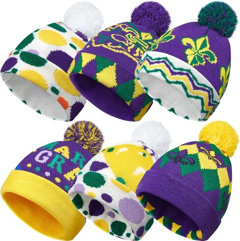 Ramede 6 Pcs Mardi Gras Beanie Hats Bulk Holiday Knitted Hat Carnival Warm Soft Crochet Knitted Cap for Women Men in Saudi Arabia