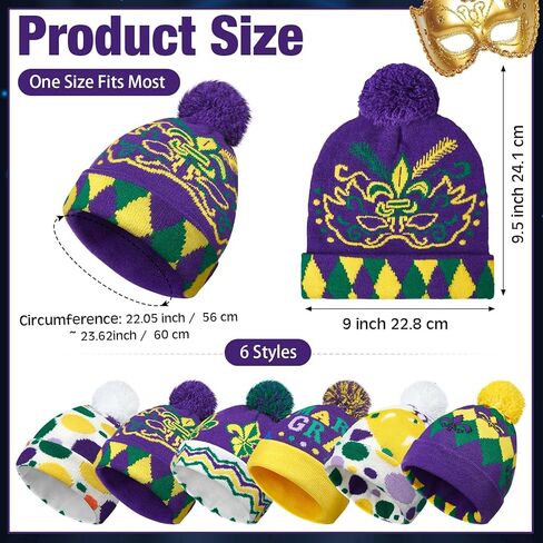 Ramede 6 Pcs Mardi Gras Beanie Hats Bulk Holiday Knitted Hat Carnival Warm Soft Crochet Knitted Cap for Women Men in Saudi Arabia