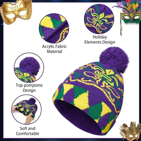 Ramede 6 Pcs Mardi Gras Beanie Hats Bulk Holiday Knitted Hat Carnival Warm Soft Crochet Knitted Cap for Women Men in Saudi Arabia